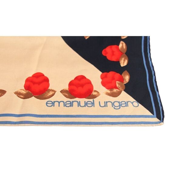 29.5"x30.5" Emanuel Ungaro BLUE BEIGE FLORAL PRINT SILK SCARF SHAWL WRAP (G89 - Picture 6 of 11